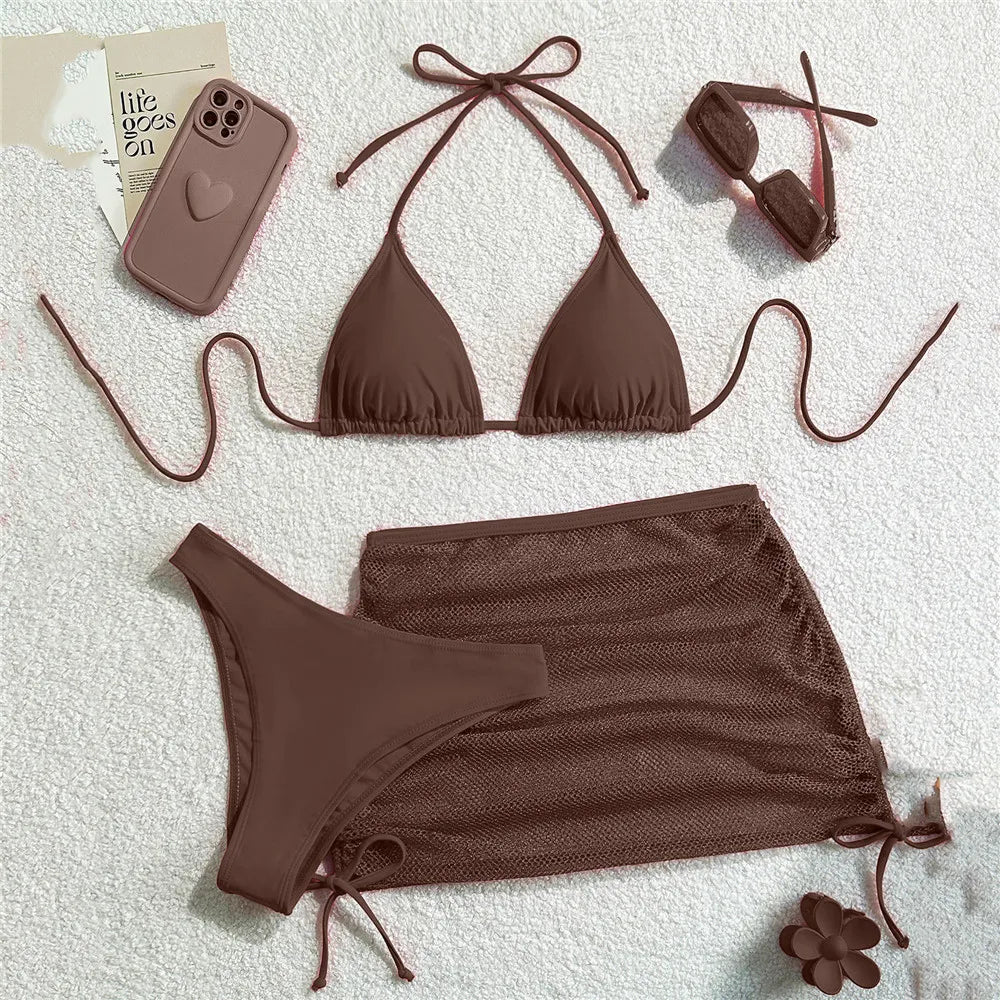 String Halter Triangle 3 Piece Bikini Set
