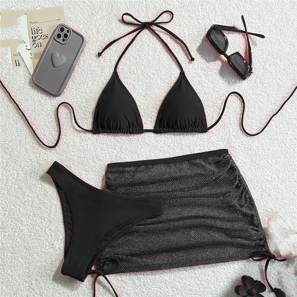 String Halter Triangle 3 Piece Bikini Set