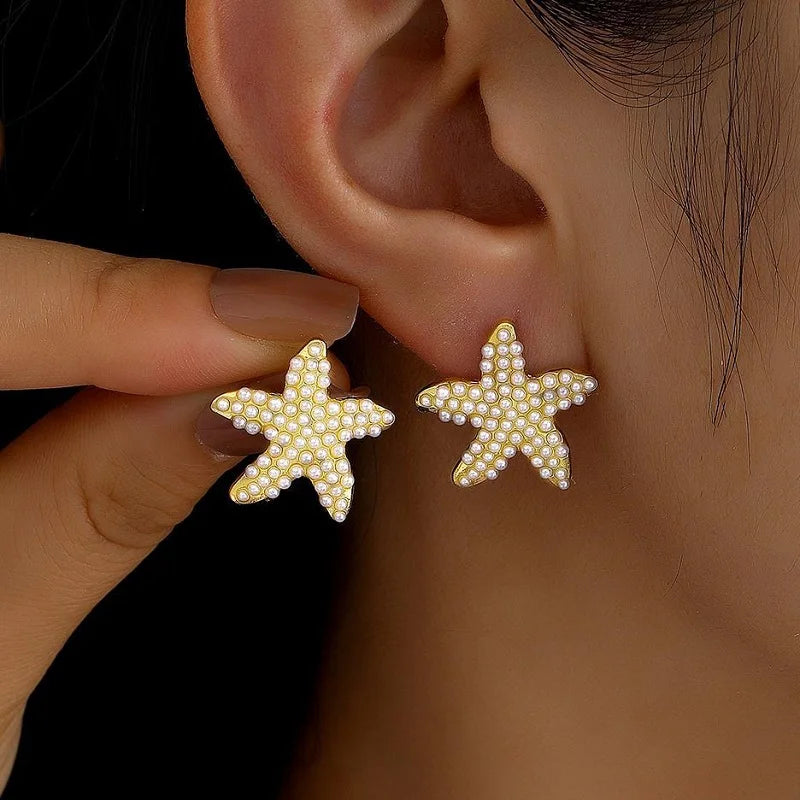 Vintage Gold Color Starfish Stud Earrings For Women Punk Metal Star Shaped Geometric Earrings Beach Vacation Jewelry Gift