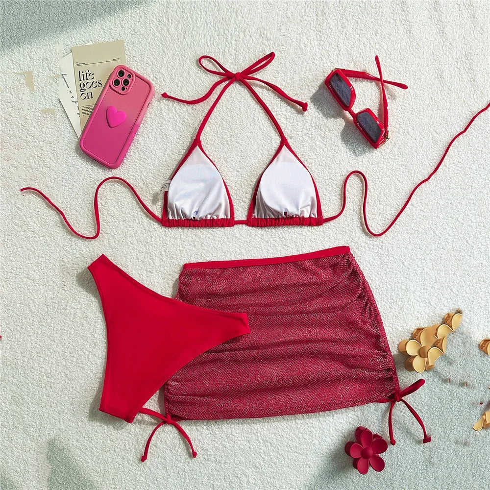 String Halter Triangle 3 Piece Bikini Set