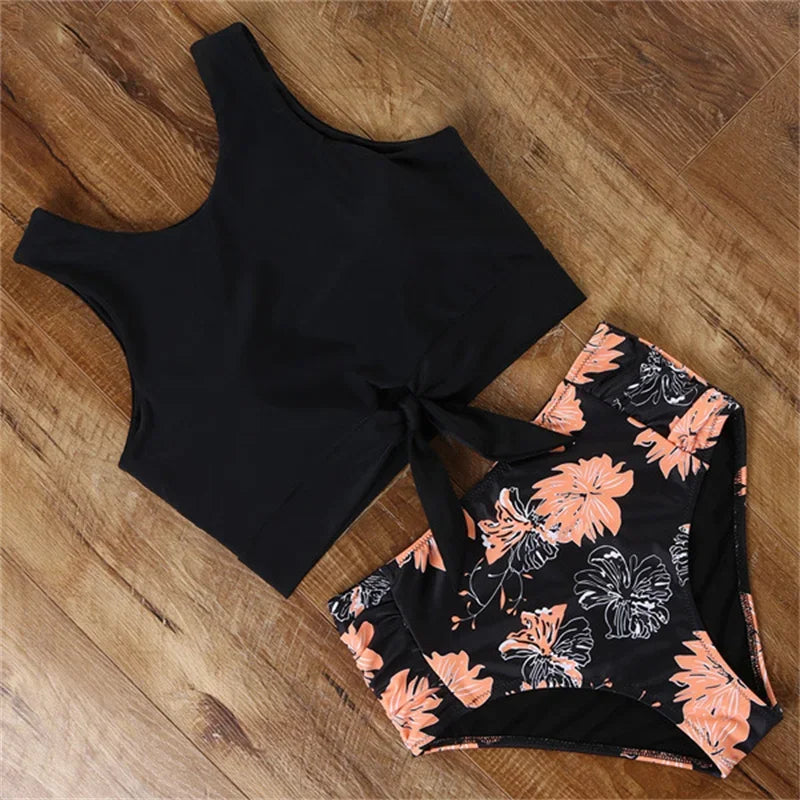 Striped Leopard Front Tie Push Up Two Piece Swimsuit