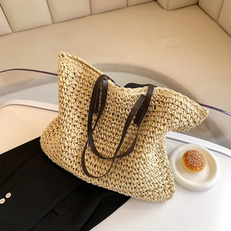 Bohemian Hollow Straw Beach Handabg Handmade Woven Shoulder Bag For Women Raffia Shopping Travel Bag Female Summer Casual Tote
