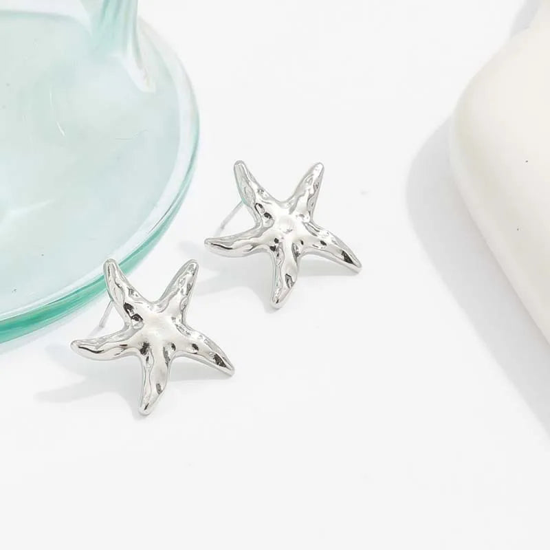 Vintage Gold Color Starfish Stud Earrings For Women Punk Metal Star Shaped Geometric Earrings Beach Vacation Jewelry Gift