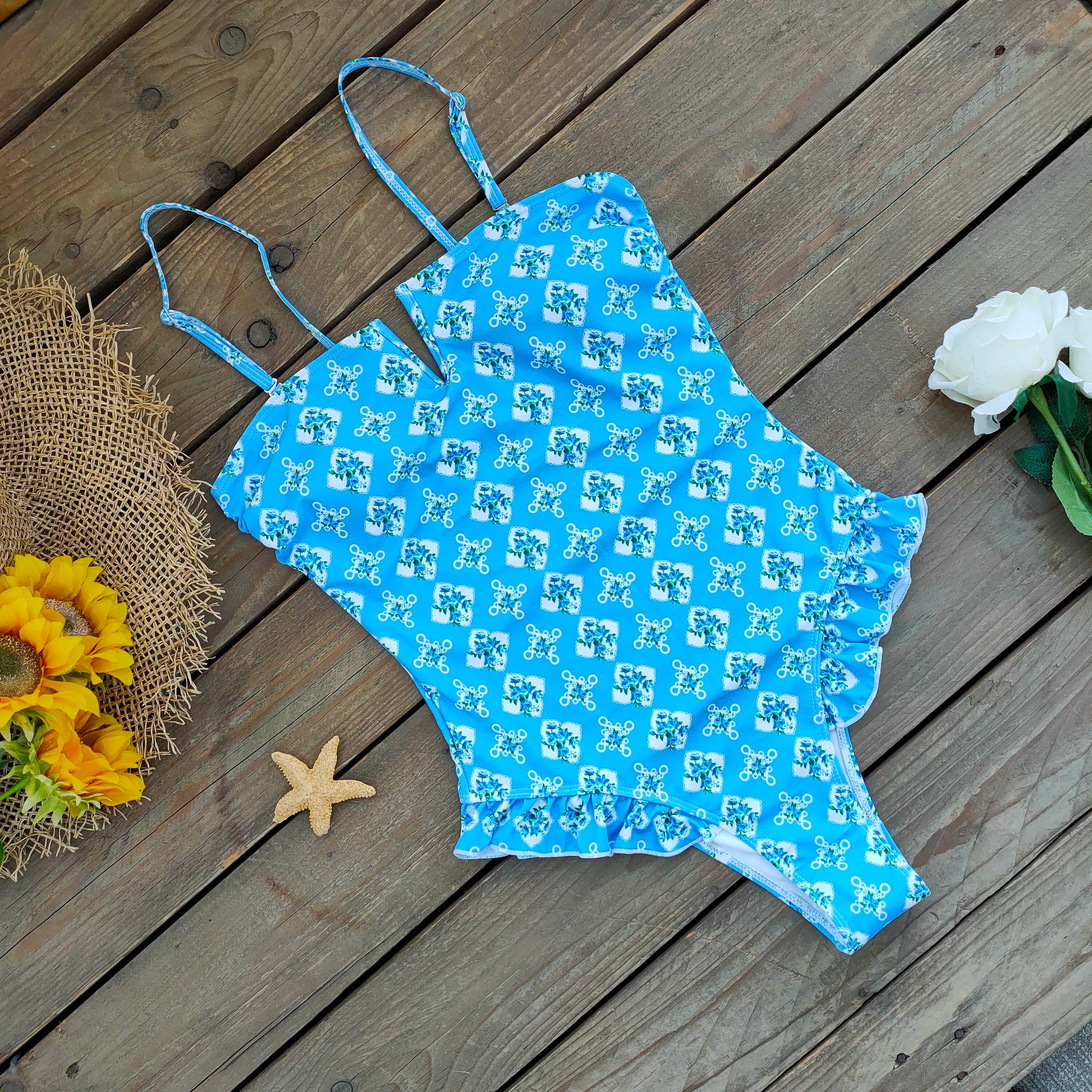 Ruffle Bodysuit Monokini Print Swim Suit
