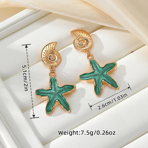 1 Pair of Chic Golden Starfish and Shell Earrings for Girls - Retro Style Stainless Steel Earrings, Ideal for Beach Vacation, Beach Earrings