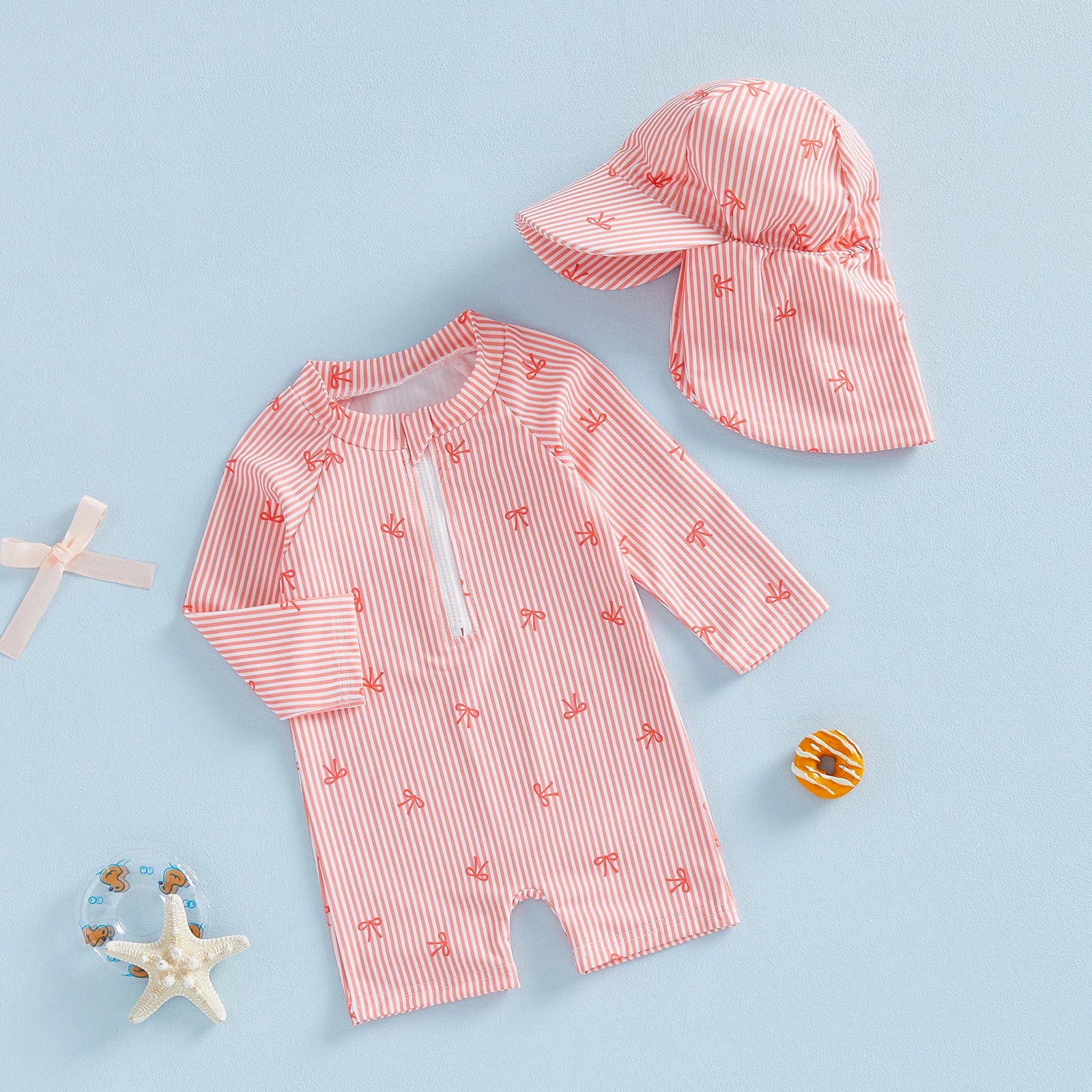 Striped Bow Printed Long Sleeve Swimwear with Hat