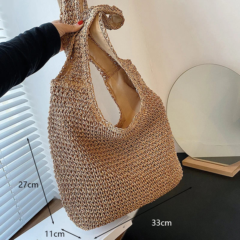 Women Beach Vintage Handmade Woven Shoulder Bag Raffia Rattan Shopping Bags Bohemian Ladies Summer Travel Vacation Casual Totes