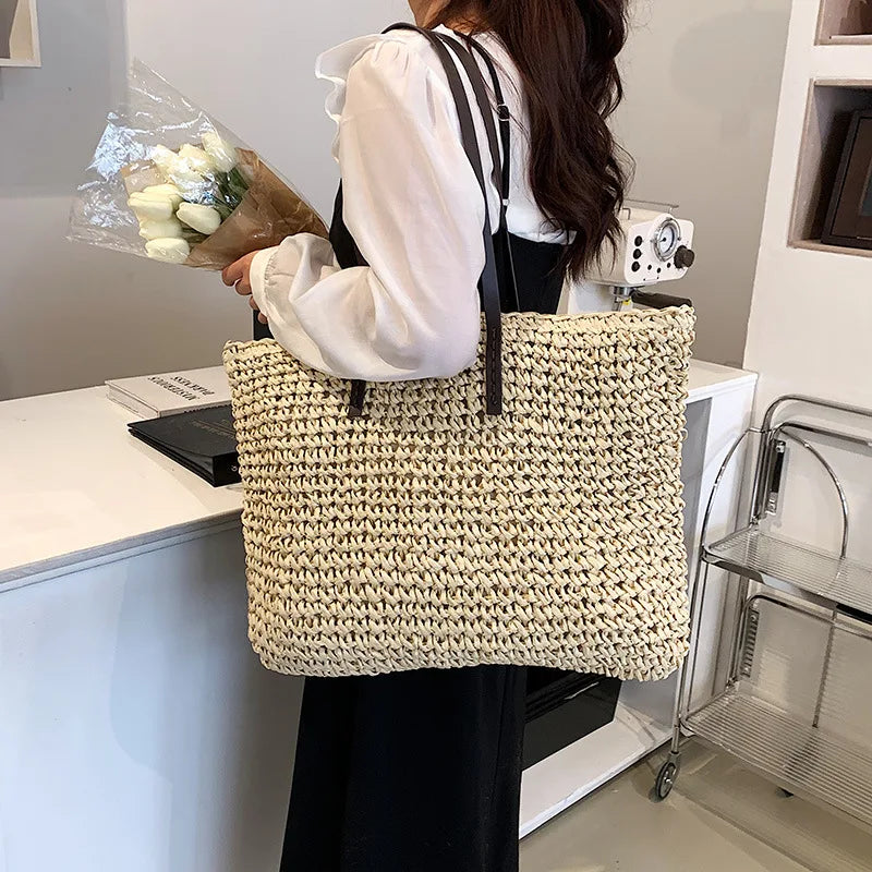 Bohemian Hollow Straw Beach Handabg Handmade Woven Shoulder Bag For Women Raffia Shopping Travel Bag Female Summer Casual Tote