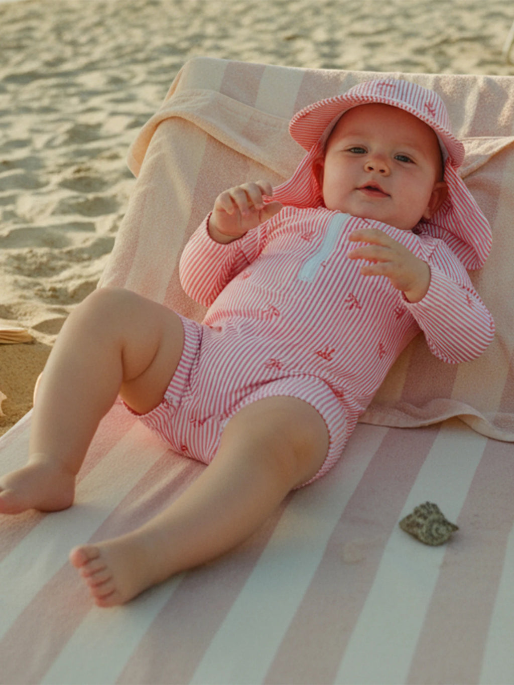 Striped Bow Printed Long Sleeve Swimwear with Hat