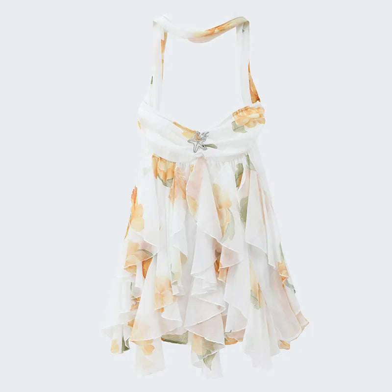 Sexy Ruffle Printed Backless Mini Dress