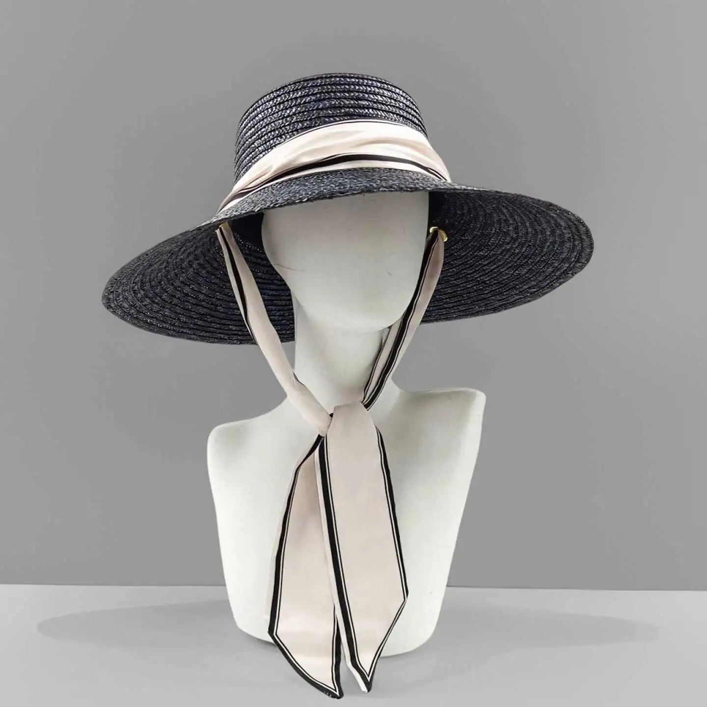 Boater Straw Hat wide brim French elegant square ribbon women's sun hat holiday straw hat  모자 햇빛 가리개