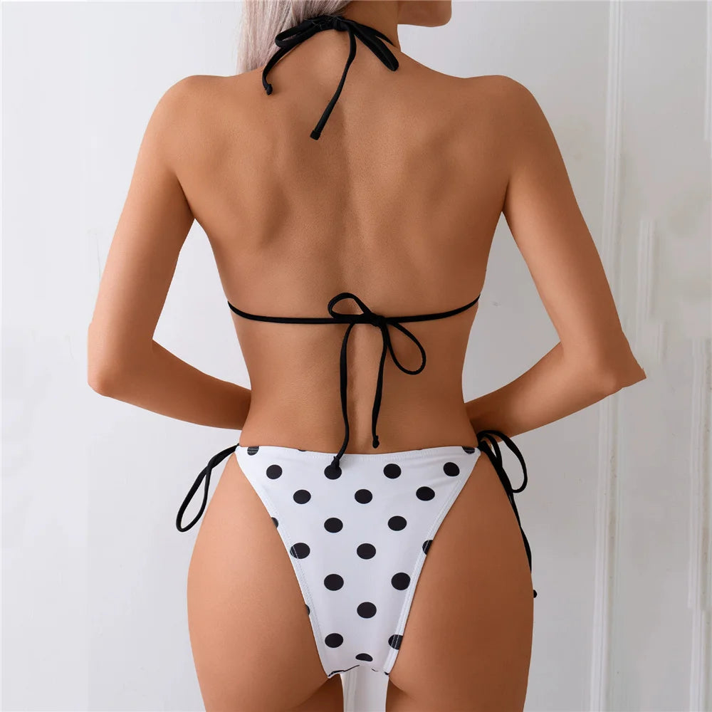 Polka Dot Print Sexy Swimsuit Halter String Thong Micro Bikini 2026 Women Lace-up Swimwear Triangle Bikinis Sets Swimming Suit