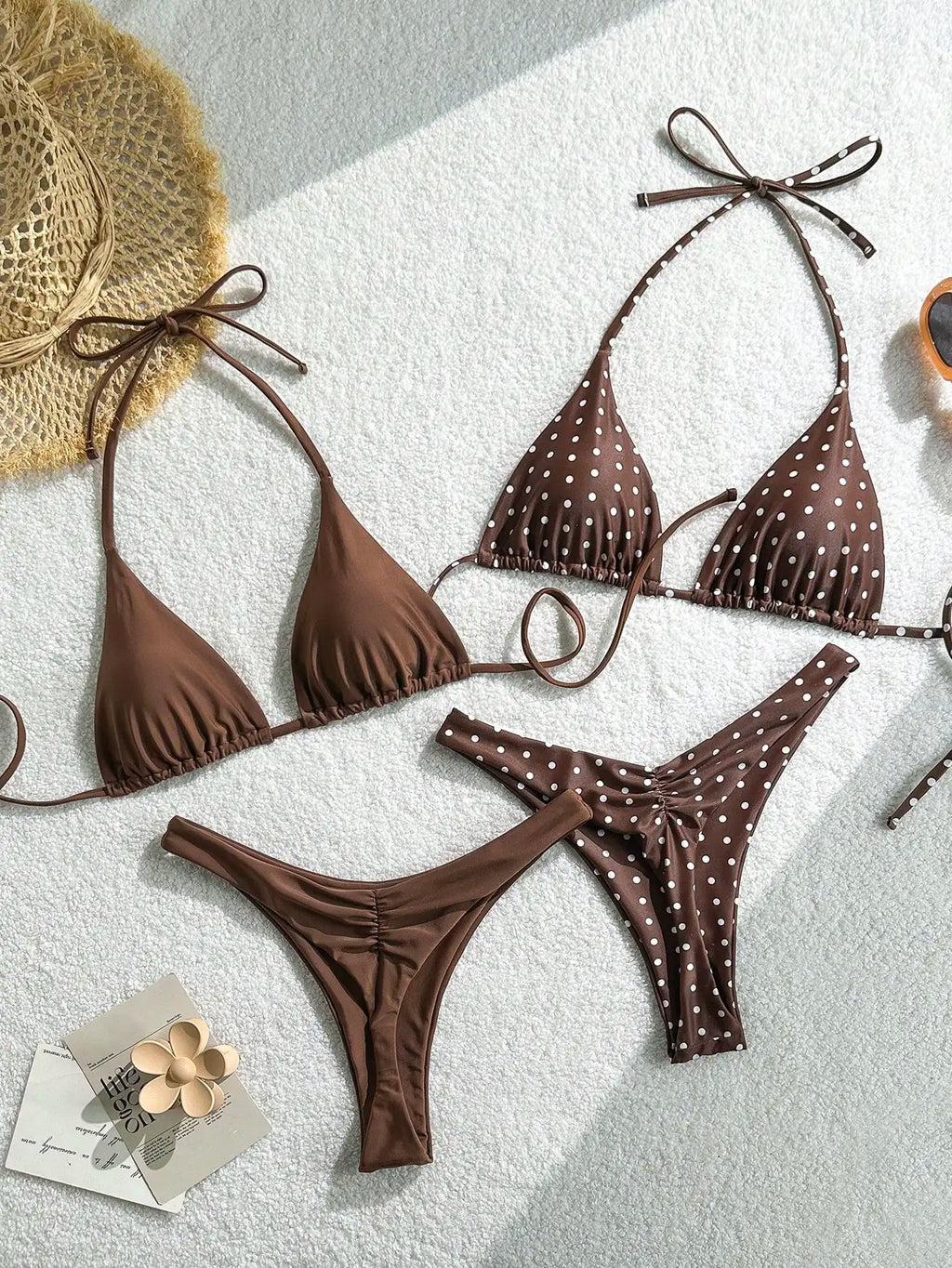 Retro polka dot and solid color triangle bikini set