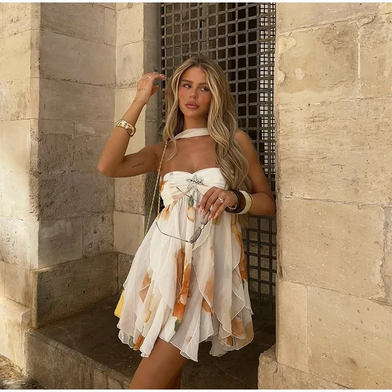 Sexy Ruffle Printed Backless Mini Dress