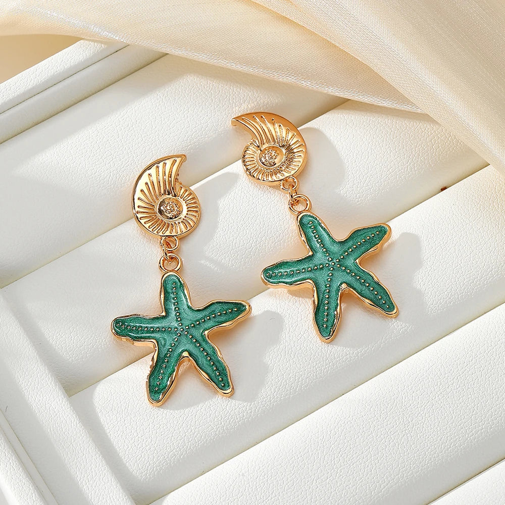 1 Pair of Chic Golden Starfish and Shell Earrings for Girls - Retro Style Stainless Steel Earrings, Ideal for Beach Vacation, Beach Earrings