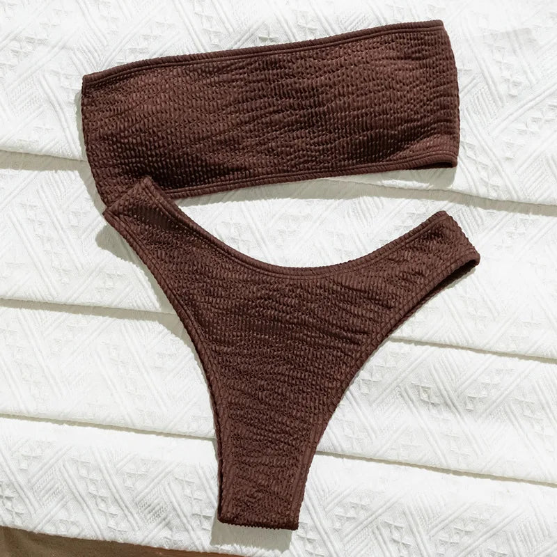 Ribbed coffee bandeau bikini