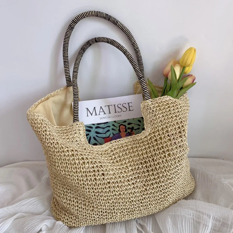 Women Beach Vintage Handmade Woven Shoulder Bag Raffia Rattan Shopping Bags Bohemian Ladies Summer Travel Vacation Casual Totes