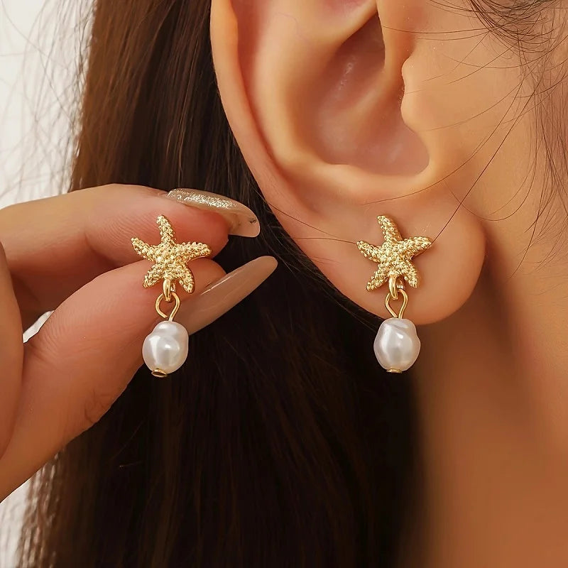 Vintage Gold Color Starfish Stud Earrings For Women Punk Metal Star Shaped Geometric Earrings Beach Vacation Jewelry Gift