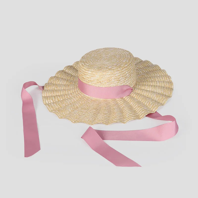 2024 Summer Straw Hat Beach Hat Women's Seaside Sun Hat Vacation Bow Ribbon Flat Top Big Brim Straw Hat praia 모자