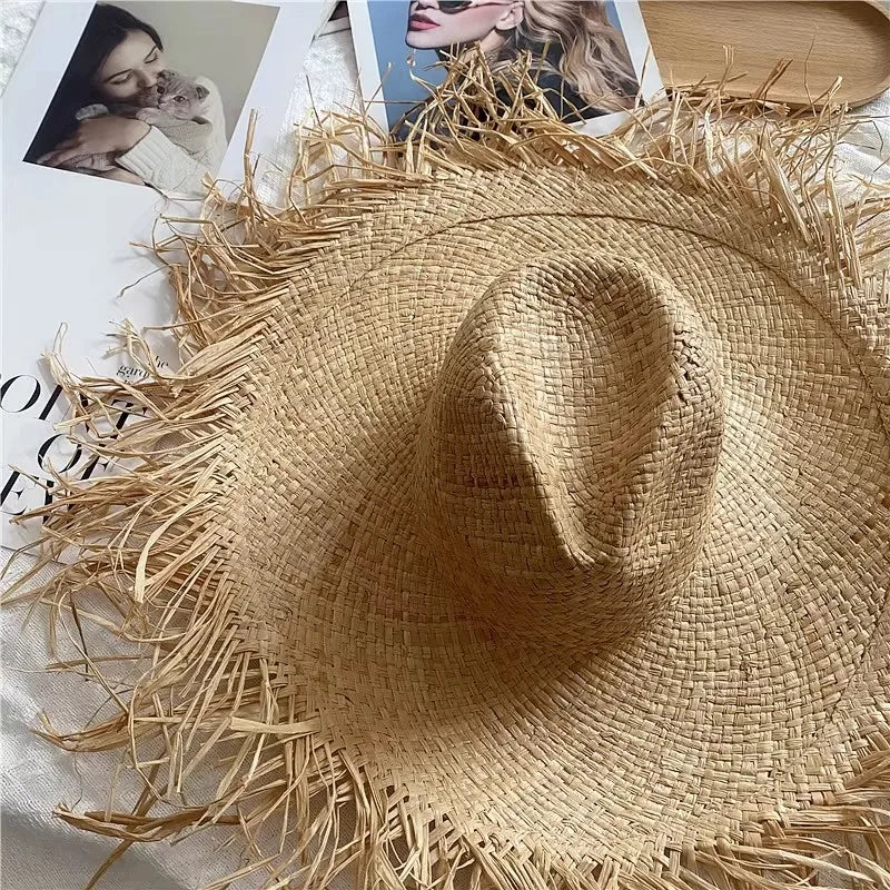 Boater Straw Hat wide brim French elegant square ribbon women's sun hat holiday straw hat  모자 햇빛 가리개