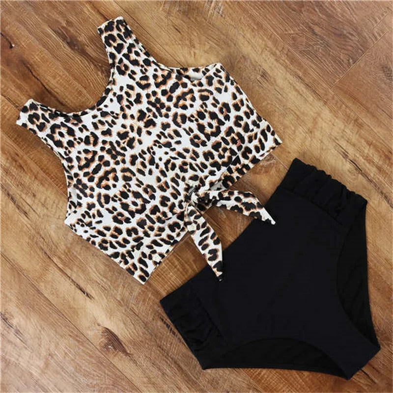 Striped Leopard Front Tie Push Up Two Piece Swimsuit