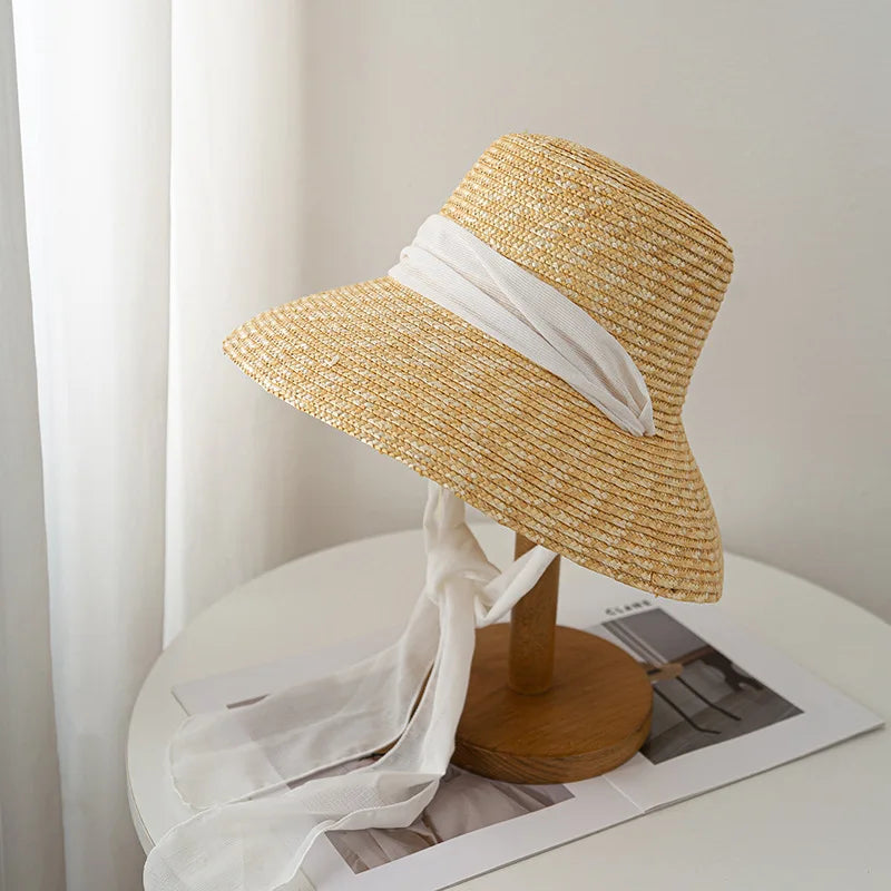 2024 Summer Straw Hat Beach Hat Women's Seaside Sun Hat Vacation Bow Ribbon Flat Top Big Brim Straw Hat praia 모자