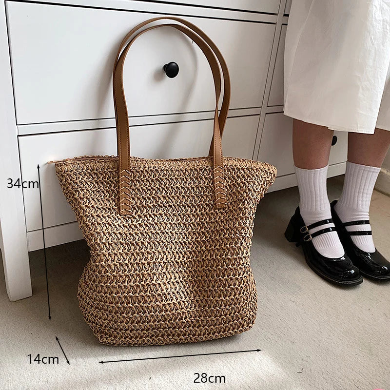 Bohemian Hollow Straw Beach Handabg Handmade Woven Shoulder Bag For Women Raffia Shopping Travel Bag Female Summer Casual Tote