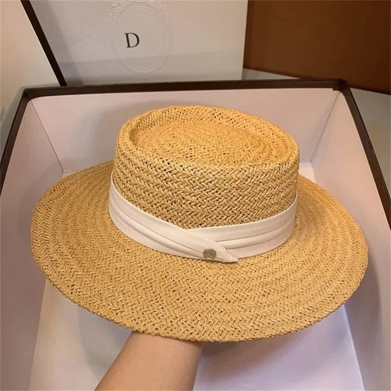 Boater Straw Hat wide brim French elegant square ribbon women's sun hat holiday straw hat  모자 햇빛 가리개