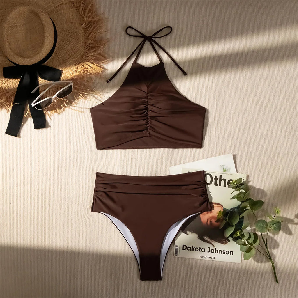 Halter Wrinkled High Neck Swimsuit