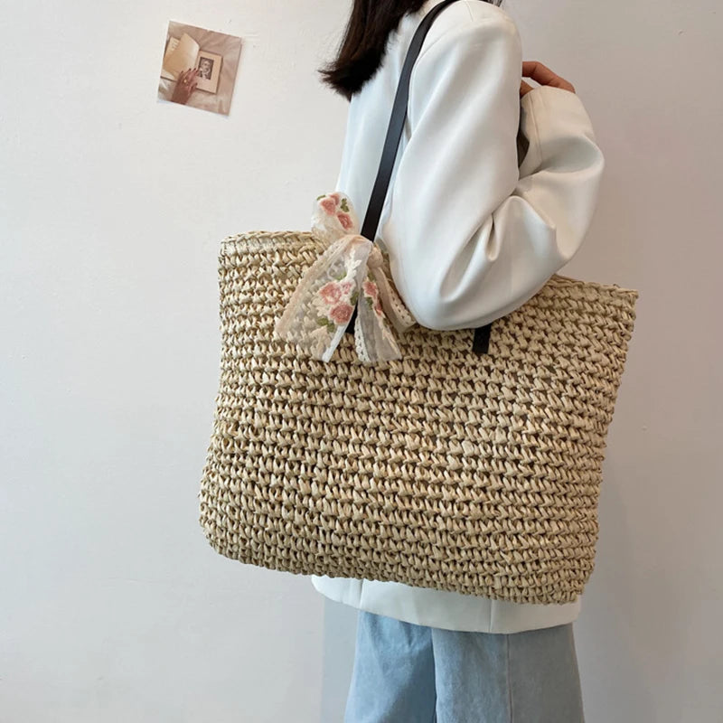 Bohemian Hollow Straw Beach Handabg Handmade Woven Shoulder Bag For Women Raffia Shopping Travel Bag Female Summer Casual Tote