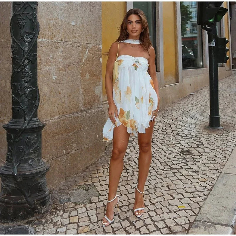 Sexy Ruffle Printed Backless Mini Dress