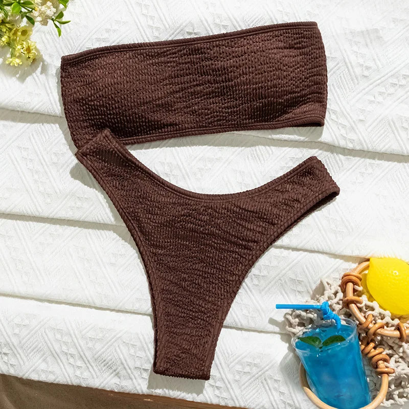 Ribbed coffee bandeau bikini