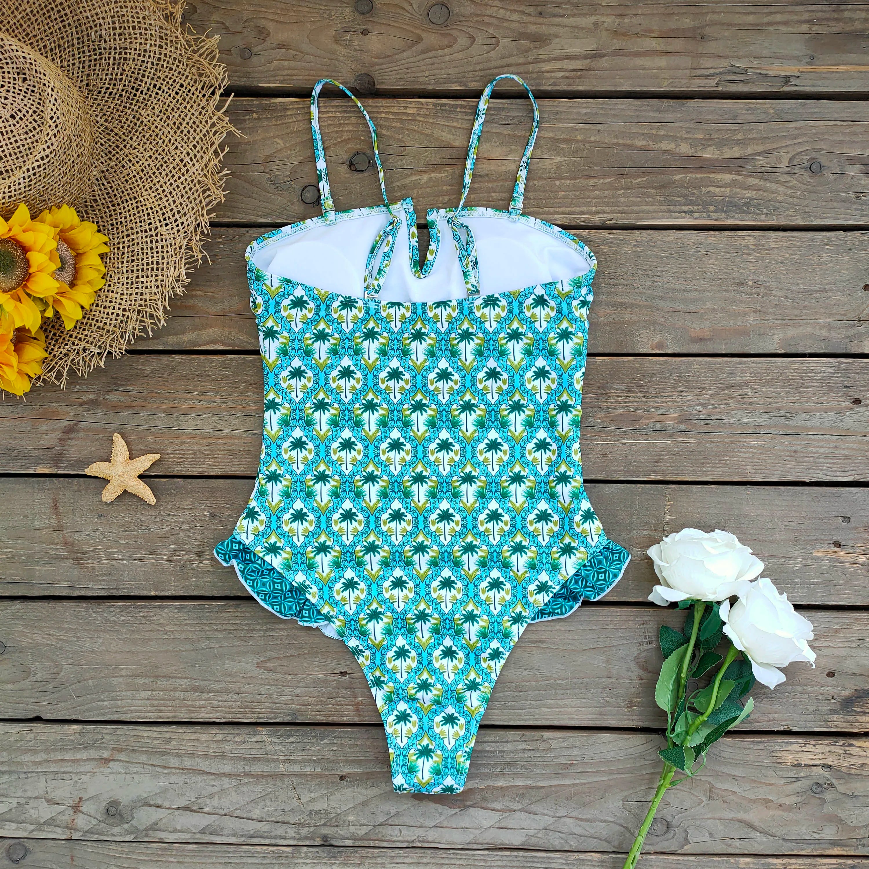 Ruffle Bodysuit Monokini Print Swim Suit