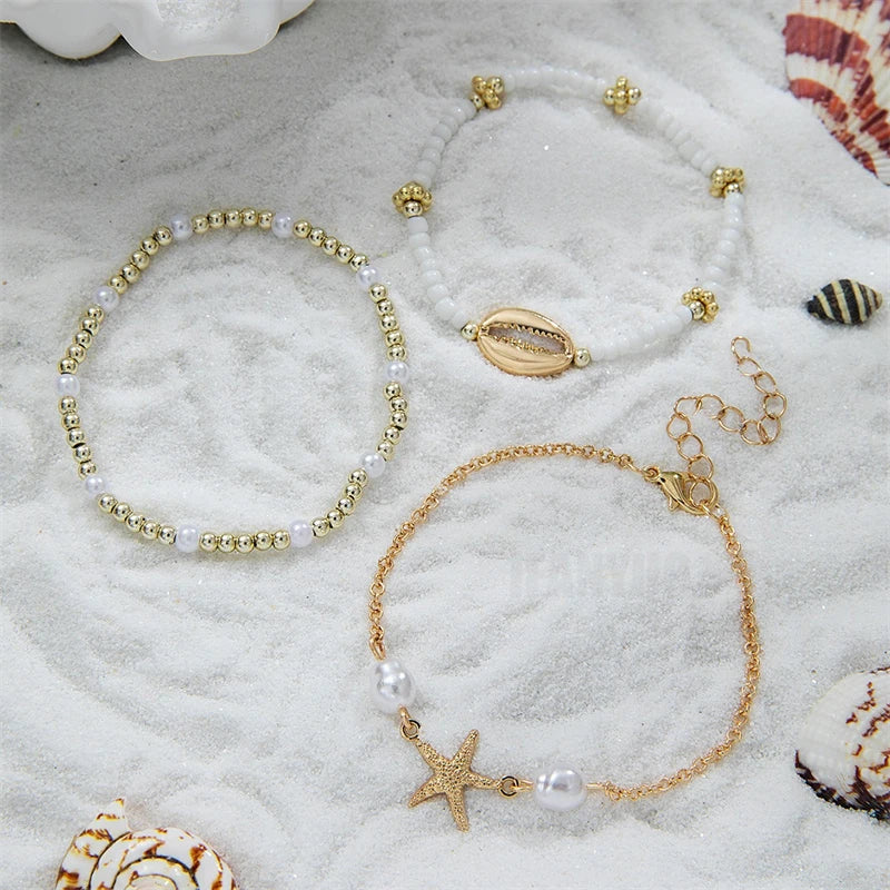 3Pcs Seaside Bohemian Starfish Shells Bracelets Set for Women Gold White Color Rice Beads Bracelets Summer Beach Jewelry Gifts
