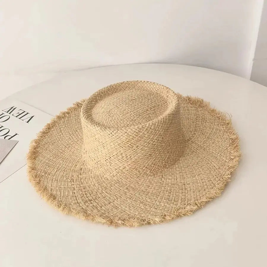 Boater Straw Hat wide brim French elegant square ribbon women's sun hat holiday straw hat  모자 햇빛 가리개