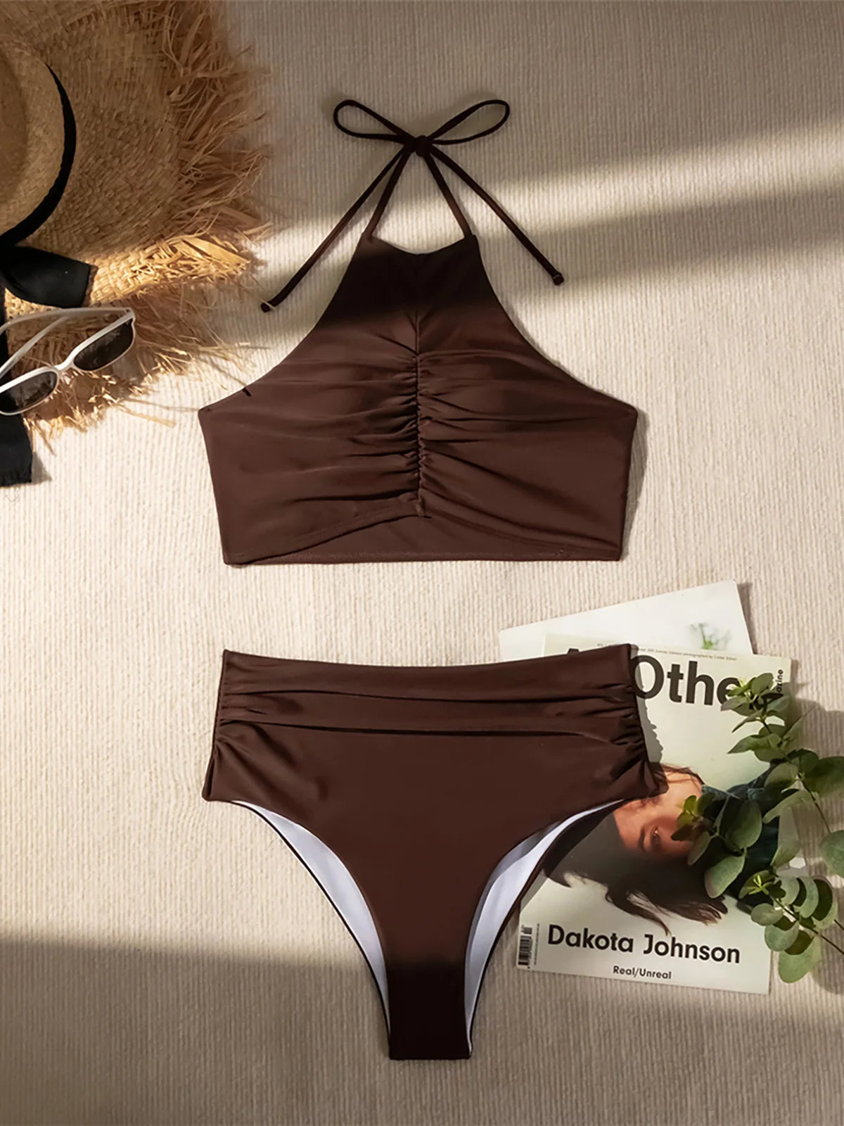 Halter Wrinkled High Neck Swimsuit