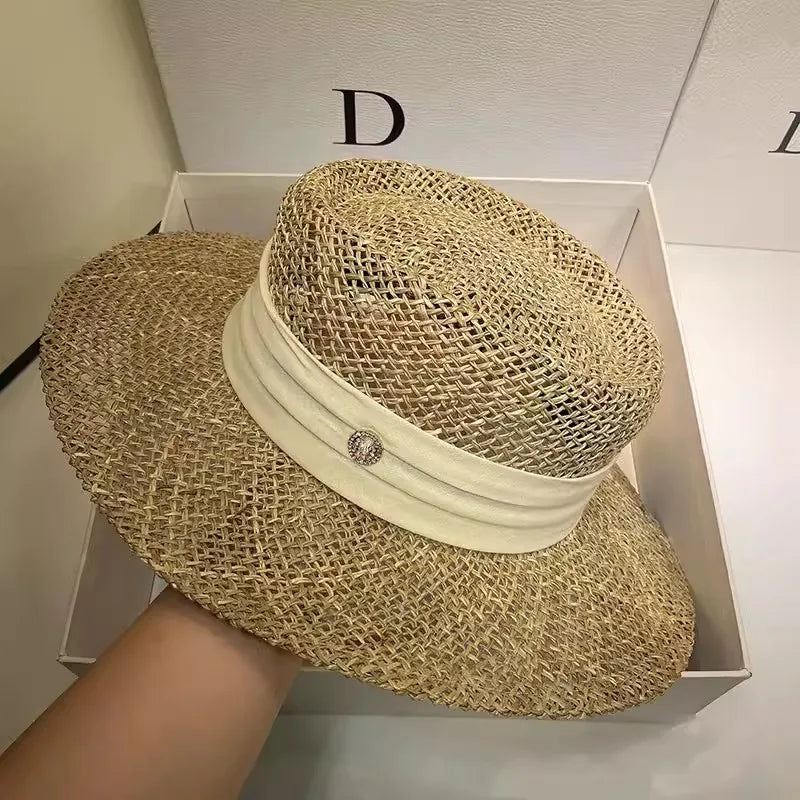Boater Straw Hat wide brim French elegant square ribbon women's sun hat holiday straw hat  모자 햇빛 가리개