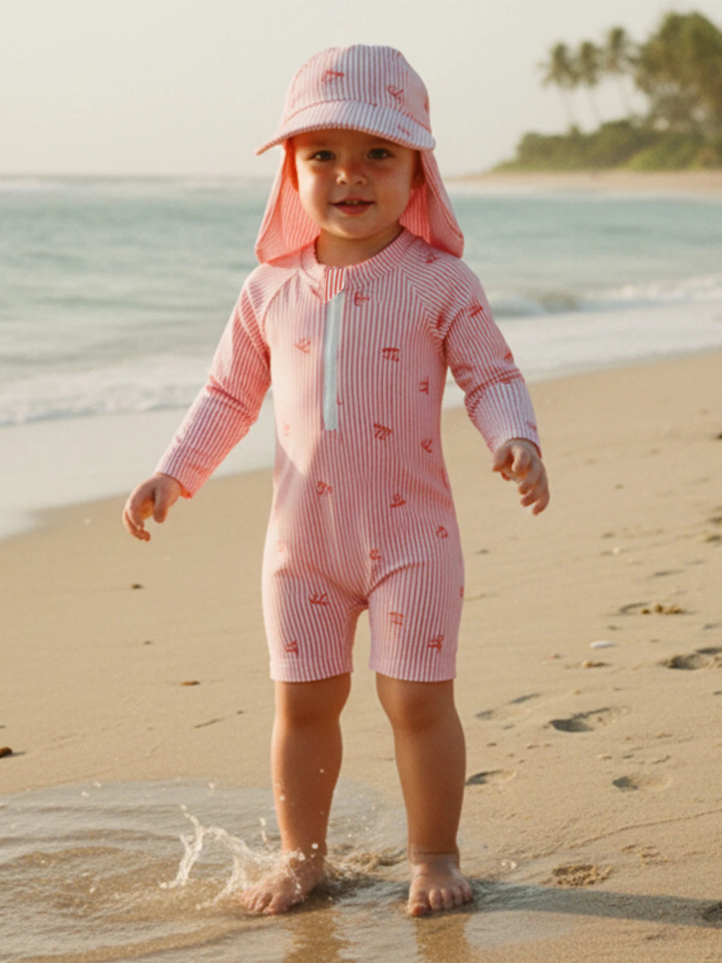Striped Bow Printed Long Sleeve Swimwear with Hat