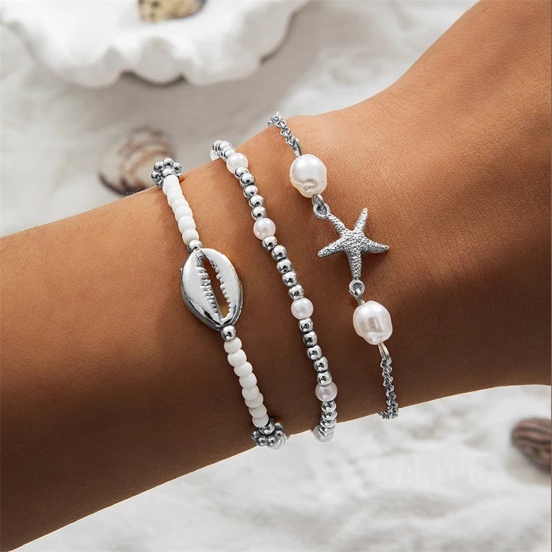 3Pcs Seaside Bohemian Starfish Shells Bracelets Set for Women Gold White Color Rice Beads Bracelets Summer Beach Jewelry Gifts