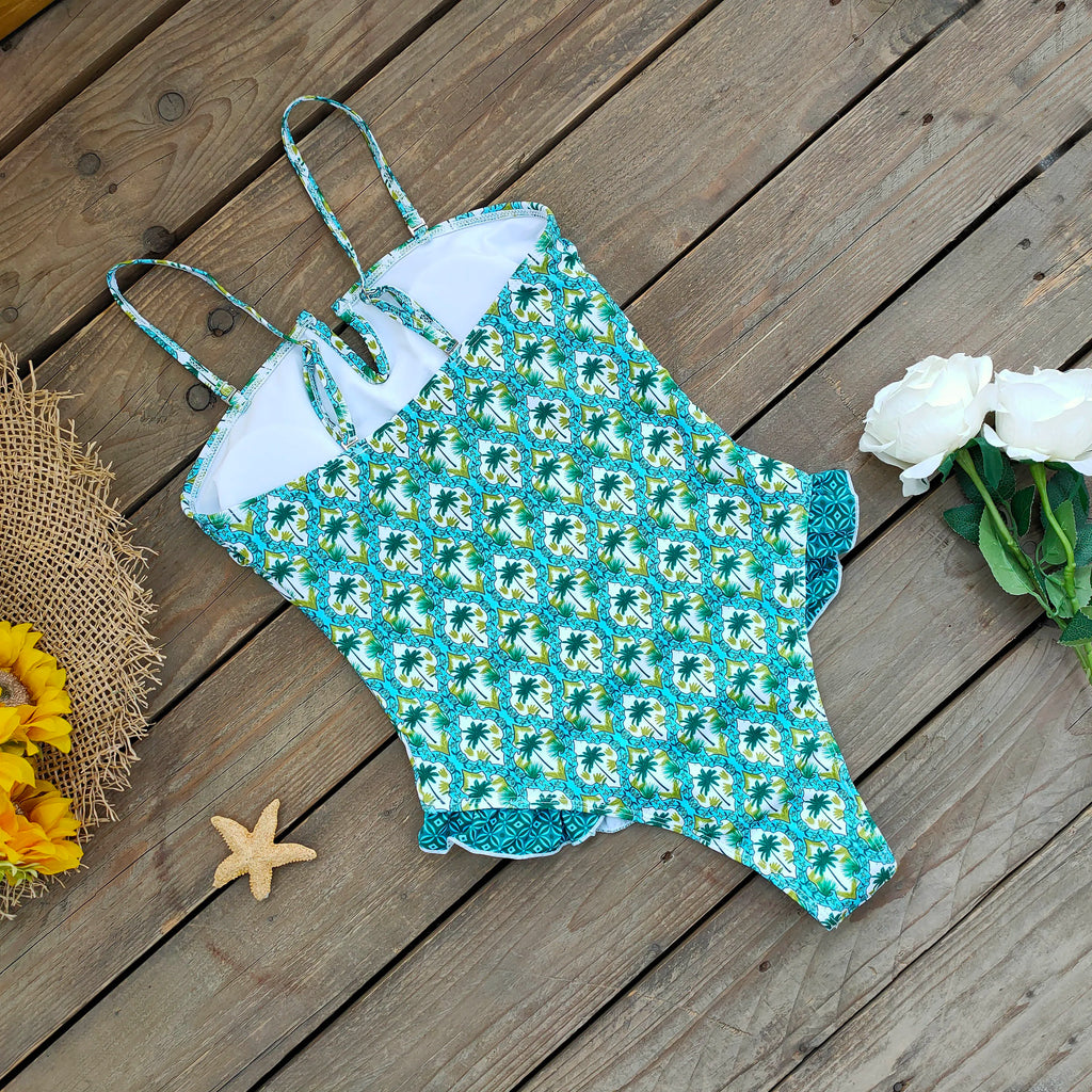 Ruffle Bodysuit Monokini Print Swim Suit
