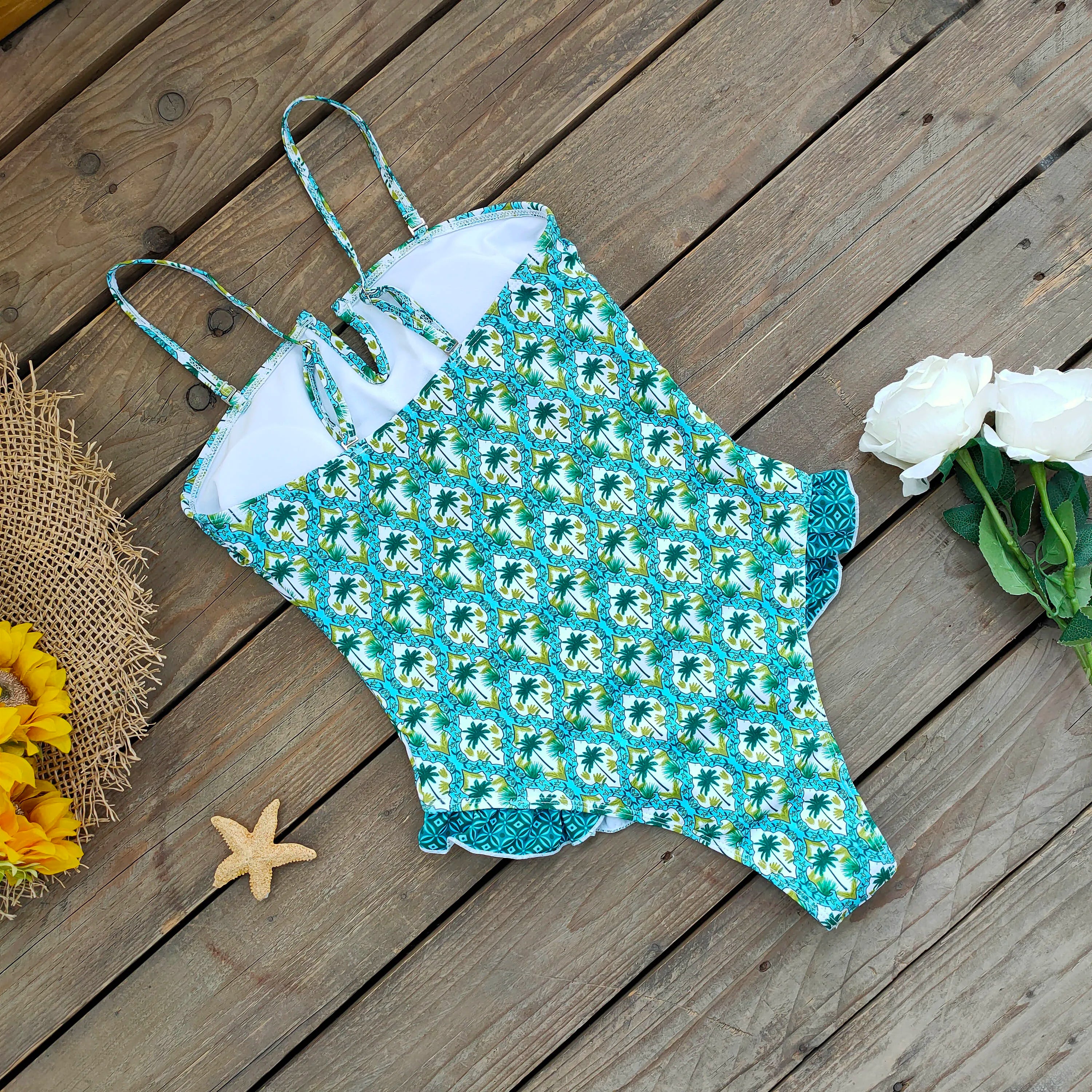 Ruffle Bodysuit Monokini Print Swim Suit