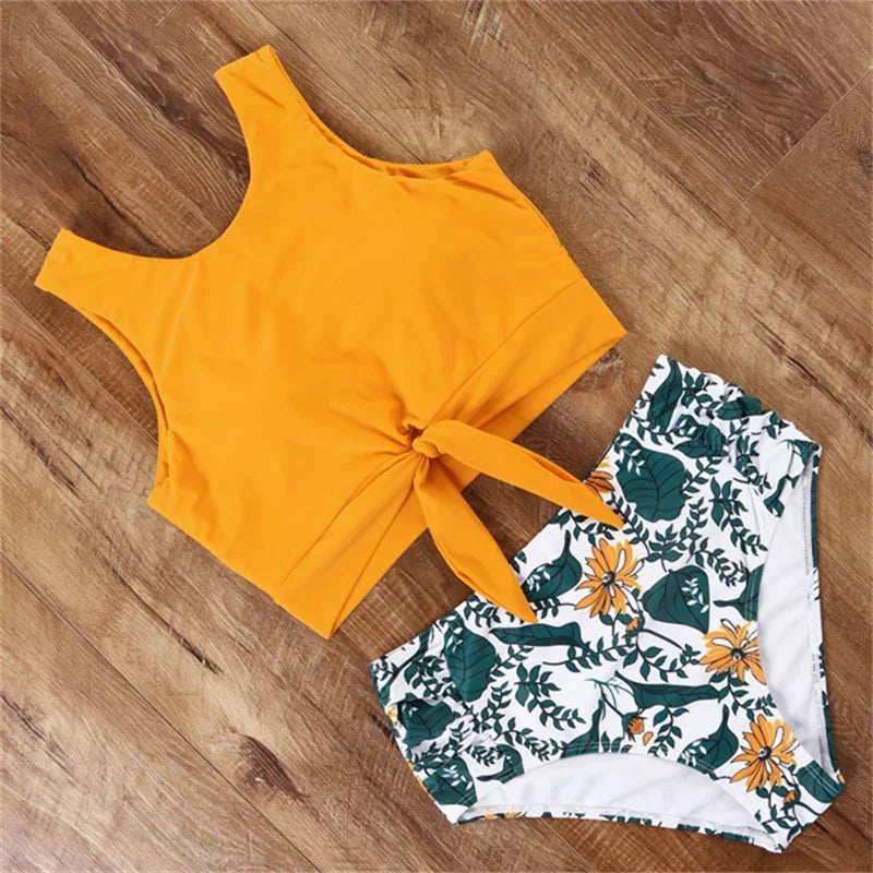 Striped Leopard Front Tie Push Up Two Piece Swimsuit