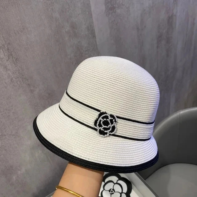 Boater Straw Hat wide brim French elegant square ribbon women's sun hat holiday straw hat  모자 햇빛 가리개
