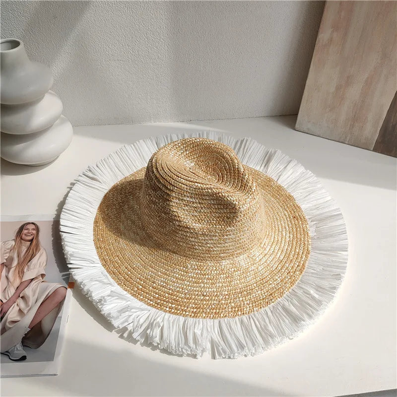 2024 Summer Straw Hat Beach Hat Women's Seaside Sun Hat Vacation Bow Ribbon Flat Top Big Brim Straw Hat praia 모자