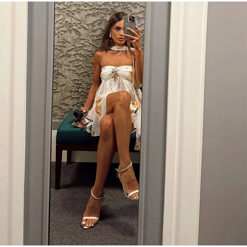 Sexy Ruffle Printed Backless Mini Dress