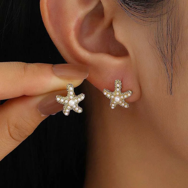 Vintage Gold Color Starfish Stud Earrings For Women Punk Metal Star Shaped Geometric Earrings Beach Vacation Jewelry Gift