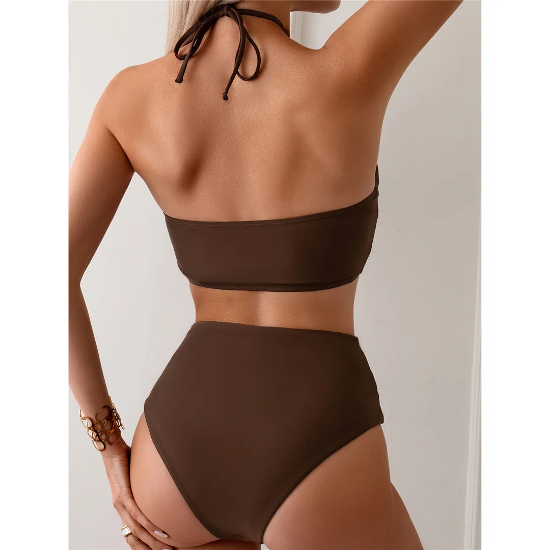 Halter Wrinkled High Neck Swimsuit