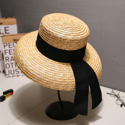 2024 Summer Straw Hat Beach Hat Women's Seaside Sun Hat Vacation Bow Ribbon Flat Top Big Brim Straw Hat praia 모자