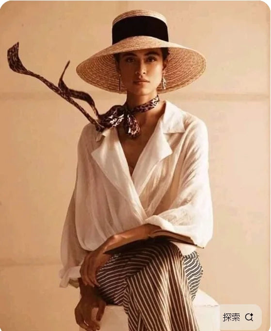Boater Straw Hat wide brim French elegant square ribbon women's sun hat holiday straw hat  모자 햇빛 가리개