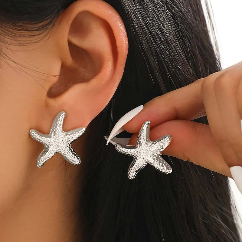 Vintage Gold Color Starfish Stud Earrings For Women Punk Metal Star Shaped Geometric Earrings Beach Vacation Jewelry Gift